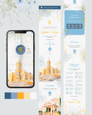 convite casamento azul serenity com dourado