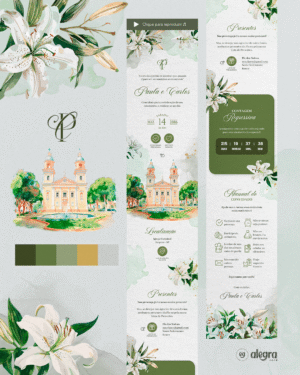 Modelo de convite digital de casamento com lírios brancos, folhagens verdes, monograma e ilustração de igreja em aquarela.