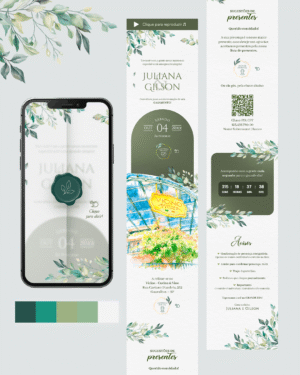 Convite digital de casamento com folhagens verdes em aquarela, fundo claro, envelope com lacre verde e ilustração do local.