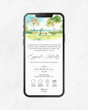 Convite digital de casamento em PDF com aquarela de cerimônia à beira-mar, fundo branco e quatro botões interativos, exibido em celular.