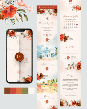 Convite digital de casamento terracota com flores em aquarela, envelope com monograma e ilustrações dos locais da cerimônia e da recepção.